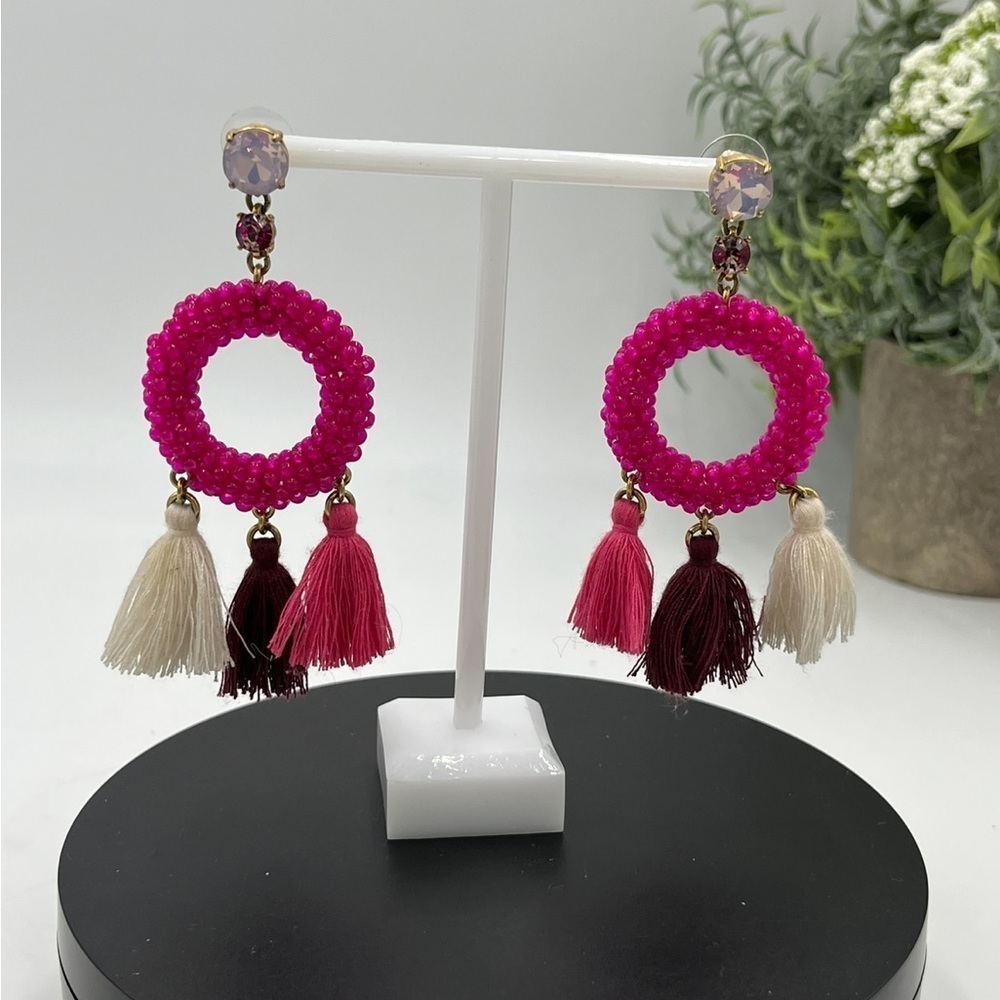 J.CREW Neon Primrose Circle Beaded Pink Stone Triple Tassel Earrings‎